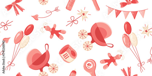 Vector seamless pattern for a gender reveal party. Illustration with baby clothes and toys for girls in pink.