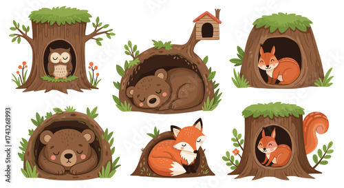 Cute Woodland Animals Sleeping in Tree Hollows and Burrows.