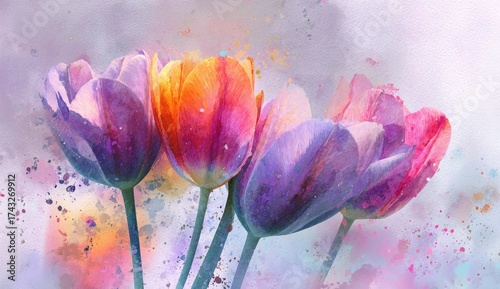 Abstract tulips in vibrant pastel hues with watercolor effect