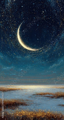 Crescent moon over a tranquil, golden landscape at night