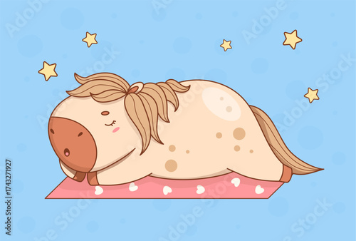Cute Sleepy Horse on Rug Under Stars. Adorable Pony Kawaii Animal. Vector illustration for Kids, Nursery, Stickers and Cards. Not AI