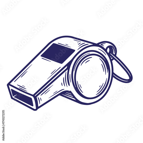 Vintage hand drawn illustration of a whistle in blue and white isolated on white