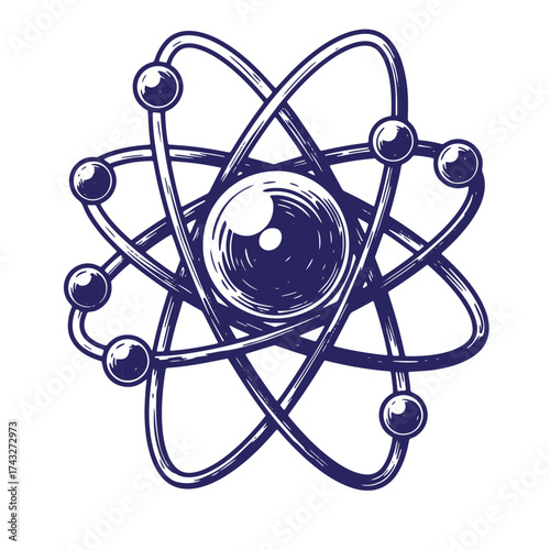 Vintage hand drawn illustration of an atom depicting scientific concepts and discoveries