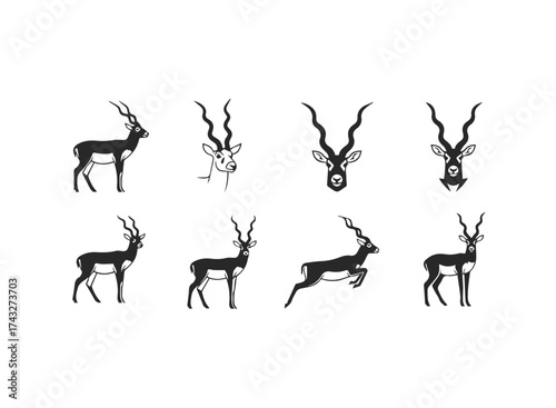 Collection of Blackbuck Antelope Silhouettes and Icons.
