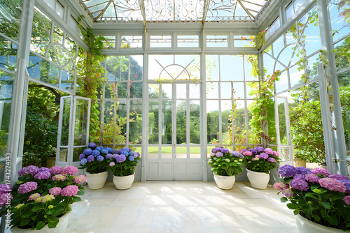 Bright conservatory with white frames, climbing plants and hydrangeas — elegant greenhouse interior