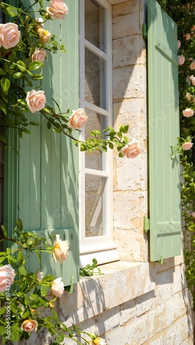 Mint green shutters with blooming garden roses on rustic stone wall — romantic French countryside window detail