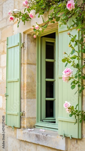 Mint green shutters with blooming garden roses on rustic stone wall — romantic French countryside window detail