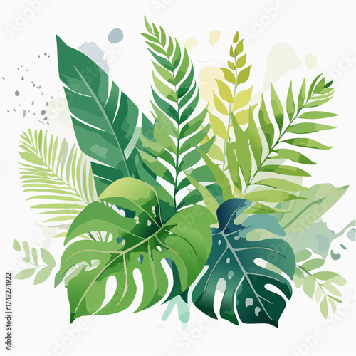 A vibrant arrangement of lush tropical leaves, including monstera and palm fronds, painted in a fresh watercolor style, concept of exotic summer paradise