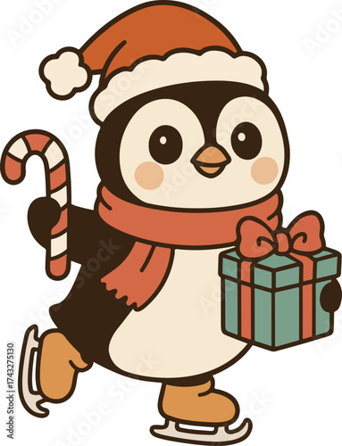 Retro Penguin Ice Skating Design, Groovy Retro Christmas Clipart, Retro Xmas Sublimation, Groovy Holiday illustration