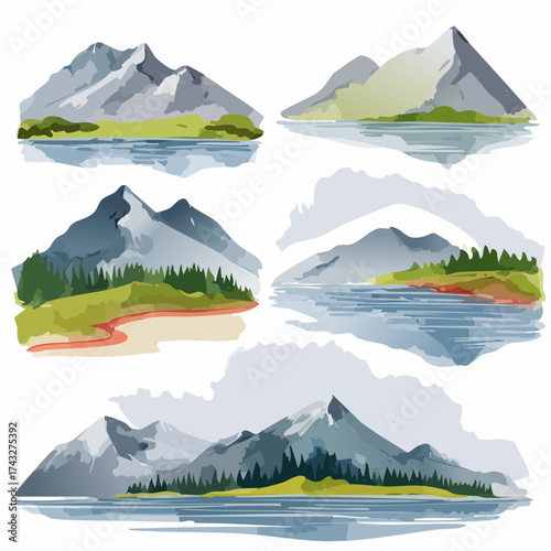 A collection of five artistic mountain landscapes featuring serene lakes, forests, and painterly watercolor effects on a white background