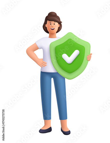 Young smiling woman Jane holding a large green shield with a white check mark symbol. Protection, insurance, security, safety concept. 3d vector people character. Cartoon minimal style.