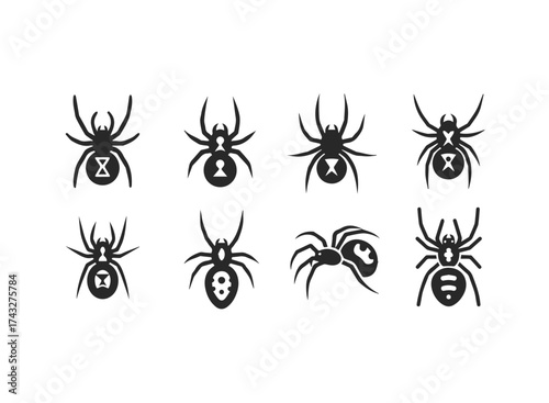 Collection of Stylized Spider Icons with Unique Markings.