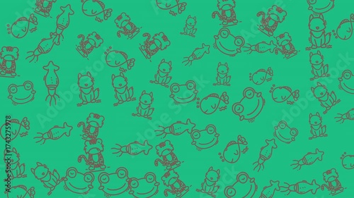 Green background with a pattern of various cartoon animals, including frogs and cats.
