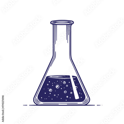 Vintage style illustration of an erlenmeyer flask with bubbles and a stirring rod