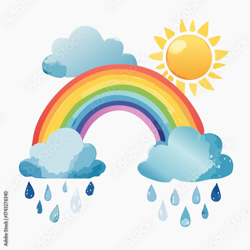 Vibrant rainbow with smiling sun and fluffy clouds, representing hope and good weather after rain