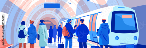 Subway station passengers waiting train modern urban underground platform people luggage digital devices arched architecture blue pink colors