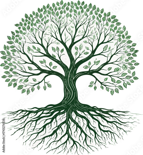Vector tree silhouette with roots and leaves illustration