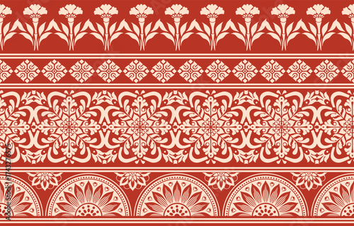 floral pattern vintage ethnic modern embroidery texture boho design vector illustration hand drawn pink flower motif branches leaves wallpaper seamless background border.	

