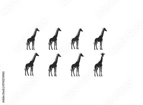 Eight Black Silhouette Giraffes Standing.