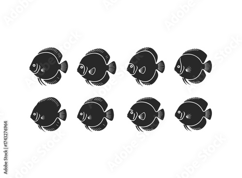 Eight Black Silhouette Discus Fish Pattern.
