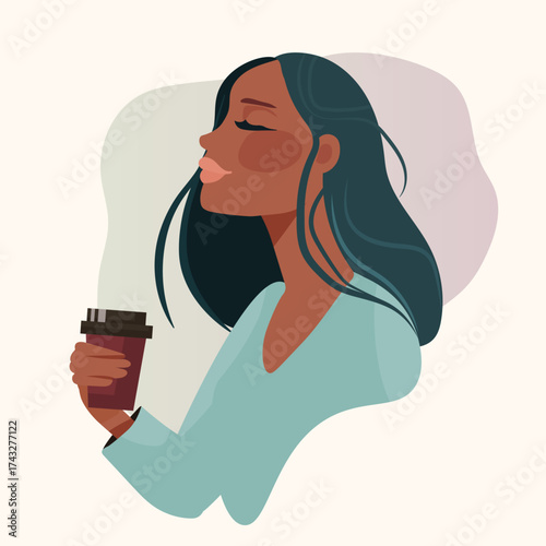 Woman enjoying coffee relaxation morning routine minimalist portrait soft colors abstract background
