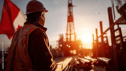 Confident oil worker in hard hat and safety vest overlooking drilling rig at sunset with Canadian flag visible, petroleum industry site bathed in golden hour light