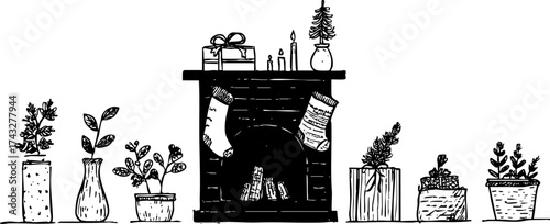 Minimal black and white line drawing of fireplace decorated with stockings, candles, and plants in pots, cozy festive illustration.