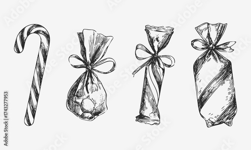 Black and white hand drawn illustration of wrapped candies and candy cane in vintage engraving line style.
