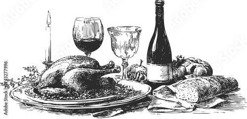 Detailed black and white engraving of roasted chicken, wine glasses, and candle on holiday table.