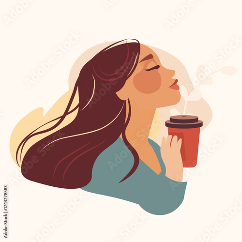 Woman enjoying coffee aroma relaxation lifestyle elegant female holding takeaway cup closed eyes long hair abstract background minimalist art
