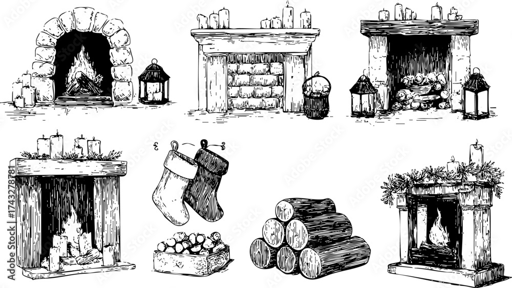Naklejka premium Black and white hand drawn line set of fireplaces, candles, socks, and firewood in vintage engraving style.