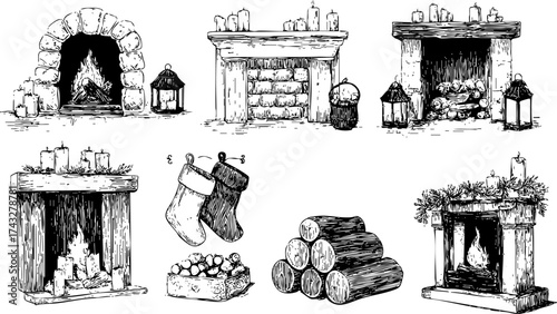 Black and white hand drawn line set of fireplaces, candles, socks, and firewood in vintage engraving style.