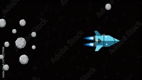 A cartoon blue spaceship with engines firing, flying through a dark starry space field with multiple grey asteroids on the left.