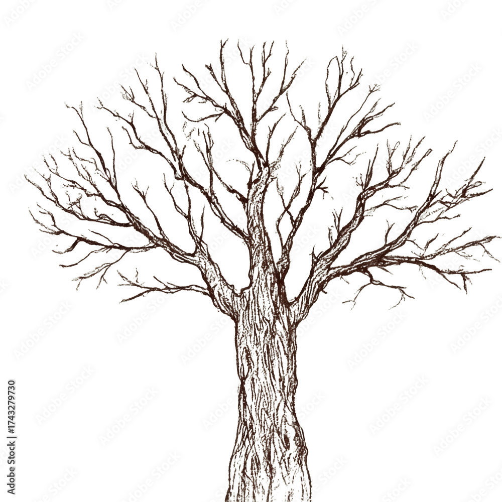 Obraz premium Hand-drawn leafless tree with many thin branches, childlike pencil sketch on transparent background, simple and natural winter illustration.
