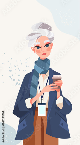 Businesswoman drinking coffee stylish mature woman holding takeaway cup wearing scarf and blazer office fashion casual lifestyle abstract background