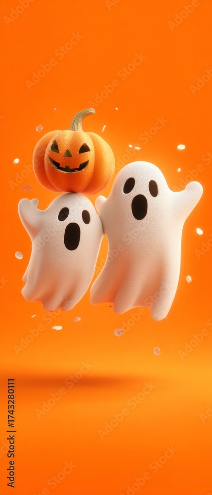 Fototapeta premium Whimsy and wraiths: a playful halloween dreamscape. Luxury style. Subtle variation: slightly altered ghostly forms with a playful gourd. Concept art. Modern design.