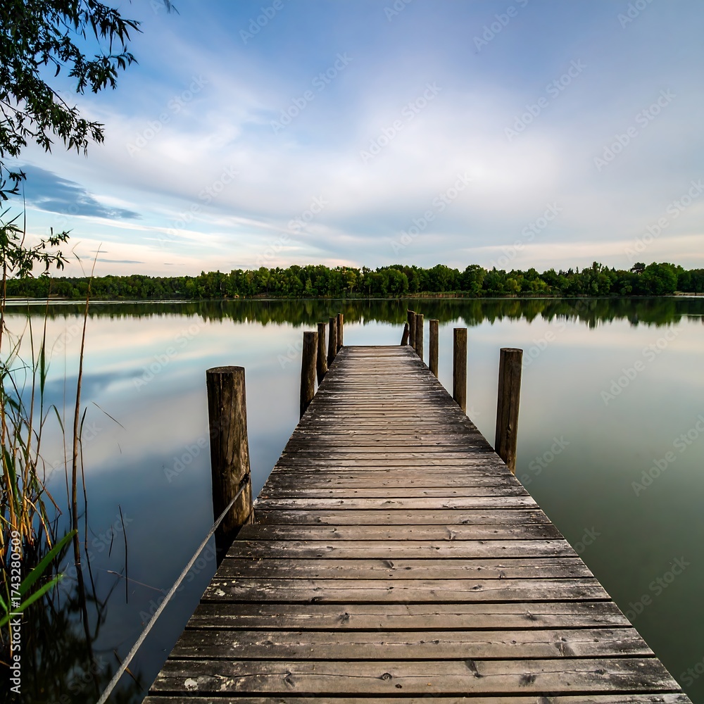 Naklejka premium Tranquil wooden dock on calm water