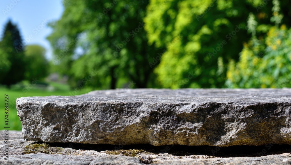 Fototapeta premium Gray stone slab outdoors, blurred green trees and grass background