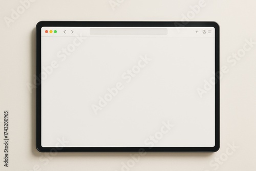 Blank web browser window mockup displayed on tablet screen against light background for presentation or branding design purposes. Ai generative