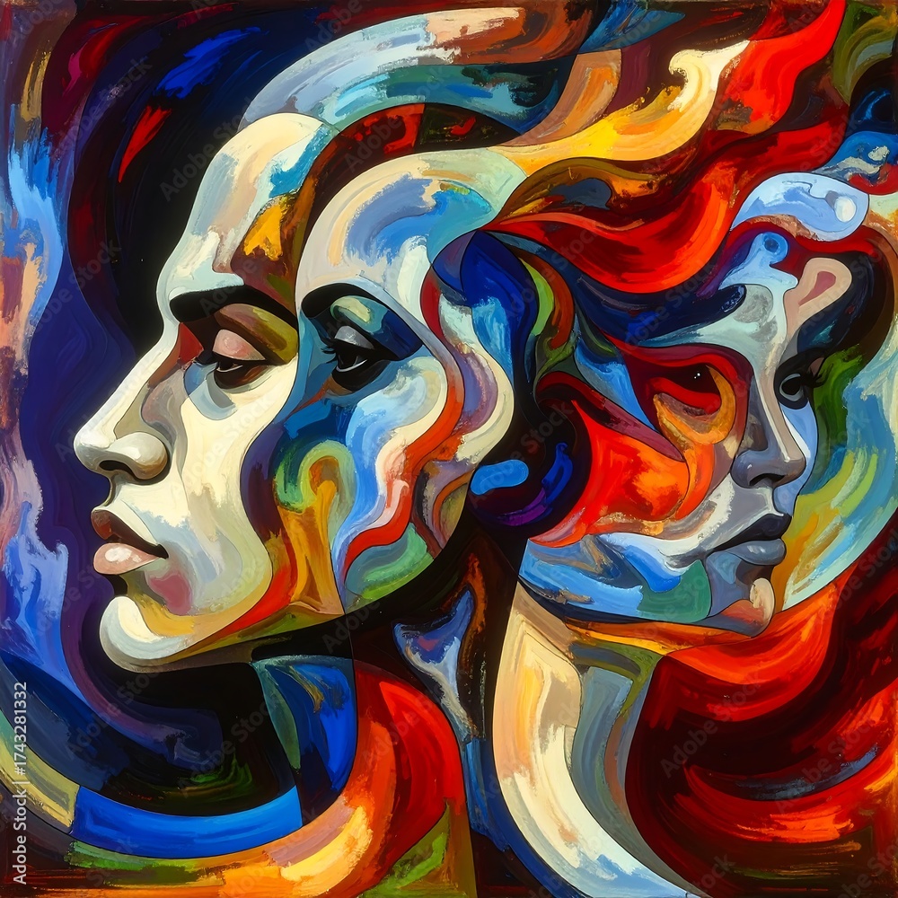 Fototapeta premium Vibrant Abstract Painting of Faces Merged with Colorful Swirls