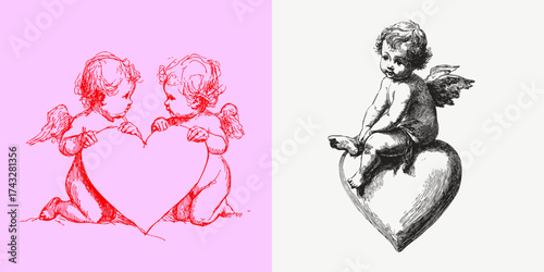 Two red cherubs holding large heart together, vintage engraving sketchy line style on pastel background.