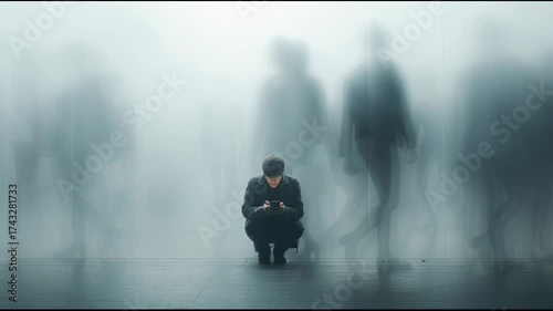 Lonely, sad crouching man as silhouette in crowd. Deep social isolation, exploring depressed feelings and anxiety
