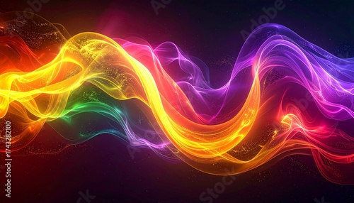 yellow red green purple gradient, glass fractal effect, black night background, neon light glow, soft distorted wave, disco motion. 3D paint