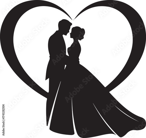 Elegant couple embracing within a heart silhouette