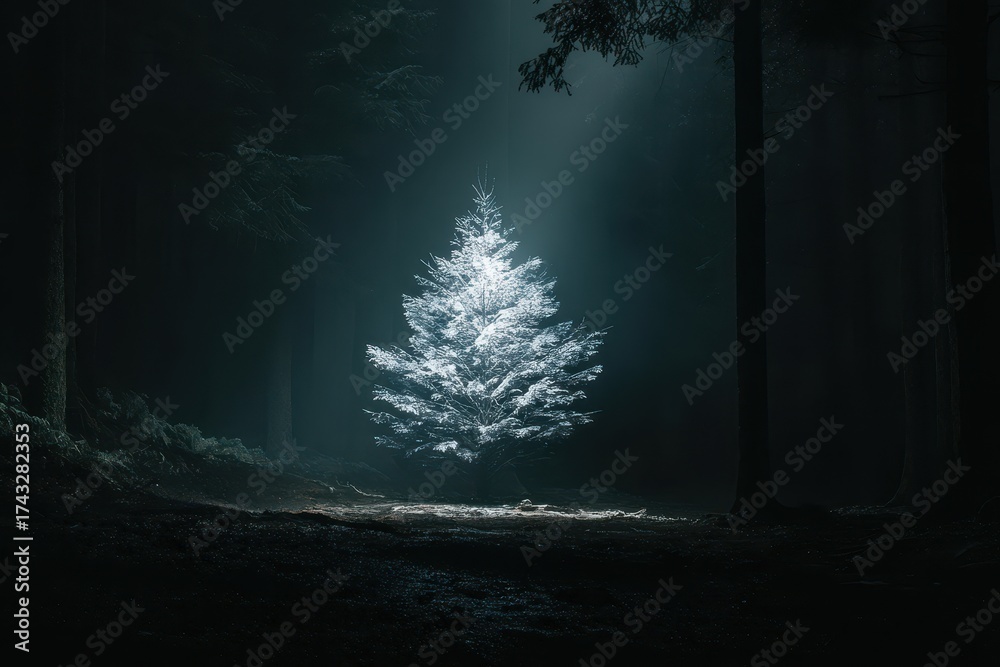 Obraz premium Ethereal White Christmas Tree Illuminated by Dramatic Spotlight in Dark, Mystical Forest Setting.