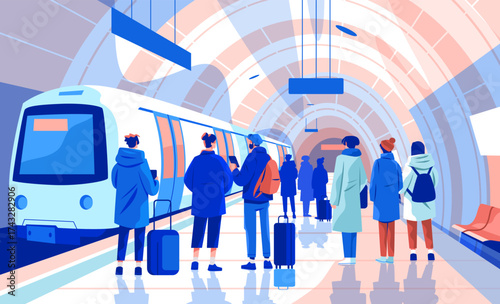 People waiting subway train modern underground station travelers with luggage urban public transport platform blue pink colors