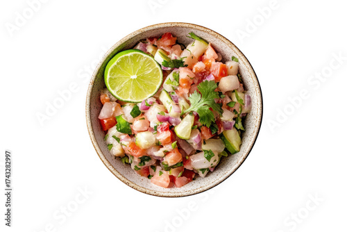 Delicious ceviche bowl with lime and cilantro topping, fresh seafood salad, healthy meal, appetizing dish, food photography isolated on transparent background