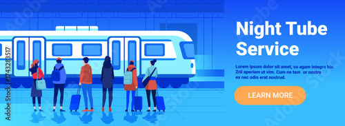 Night tube service subway passengers waiting platform modern train station blue urban cityscape travel banner template