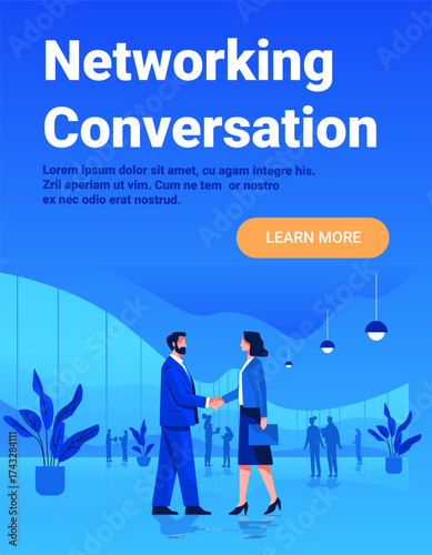 Networking conversation business professionals handshake corporate meeting office interior people collaboration plants blue modern background