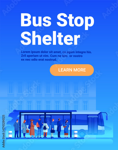 Bus stop shelter public transportation people waiting urban cityscape modern bus station blue background website banner